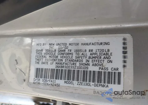 2003 Toyota Corolla Le from USA, damaged, VIN 1NXBR32E33Z100109